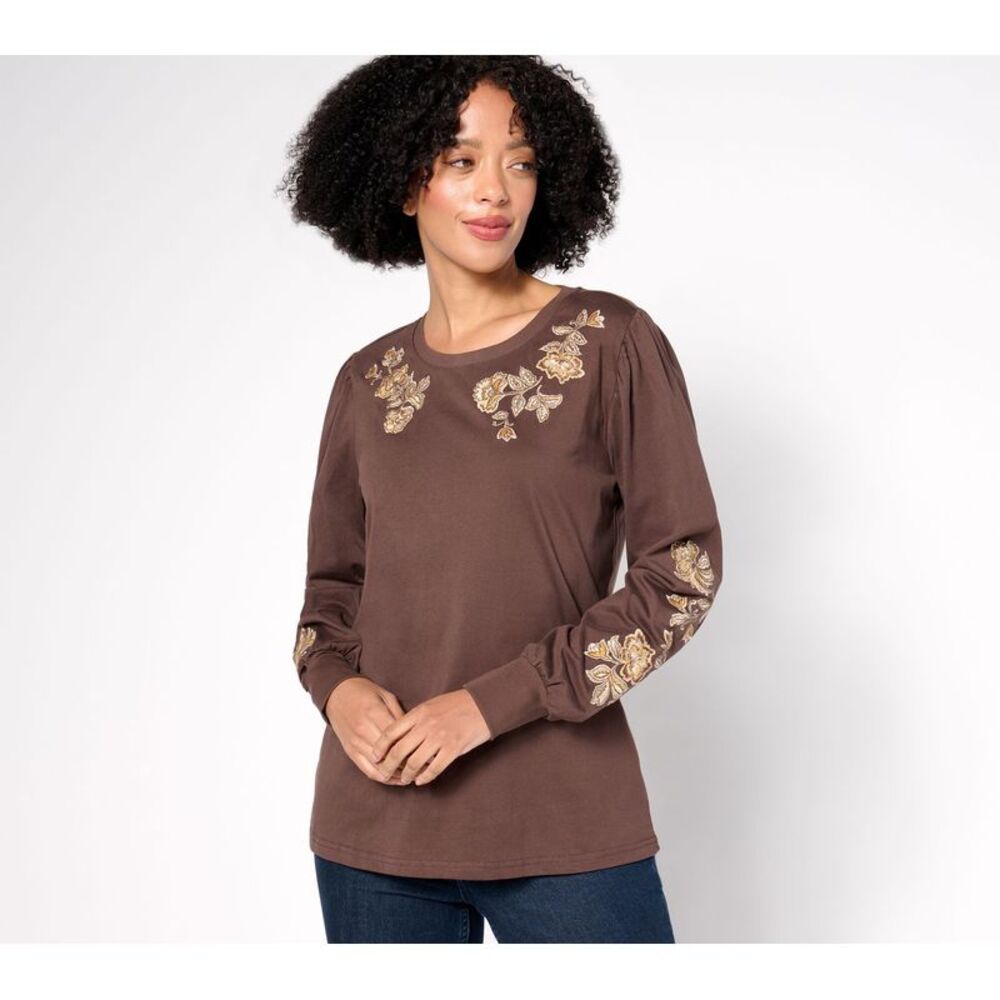 Maya J Women's Top Sz XL Drifod Jeans Clare Long Sleeve Crew Neck Brown A658329